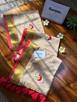 Marigold Embroidery Kerala Kasav & Kara Mul Cotton Saree
