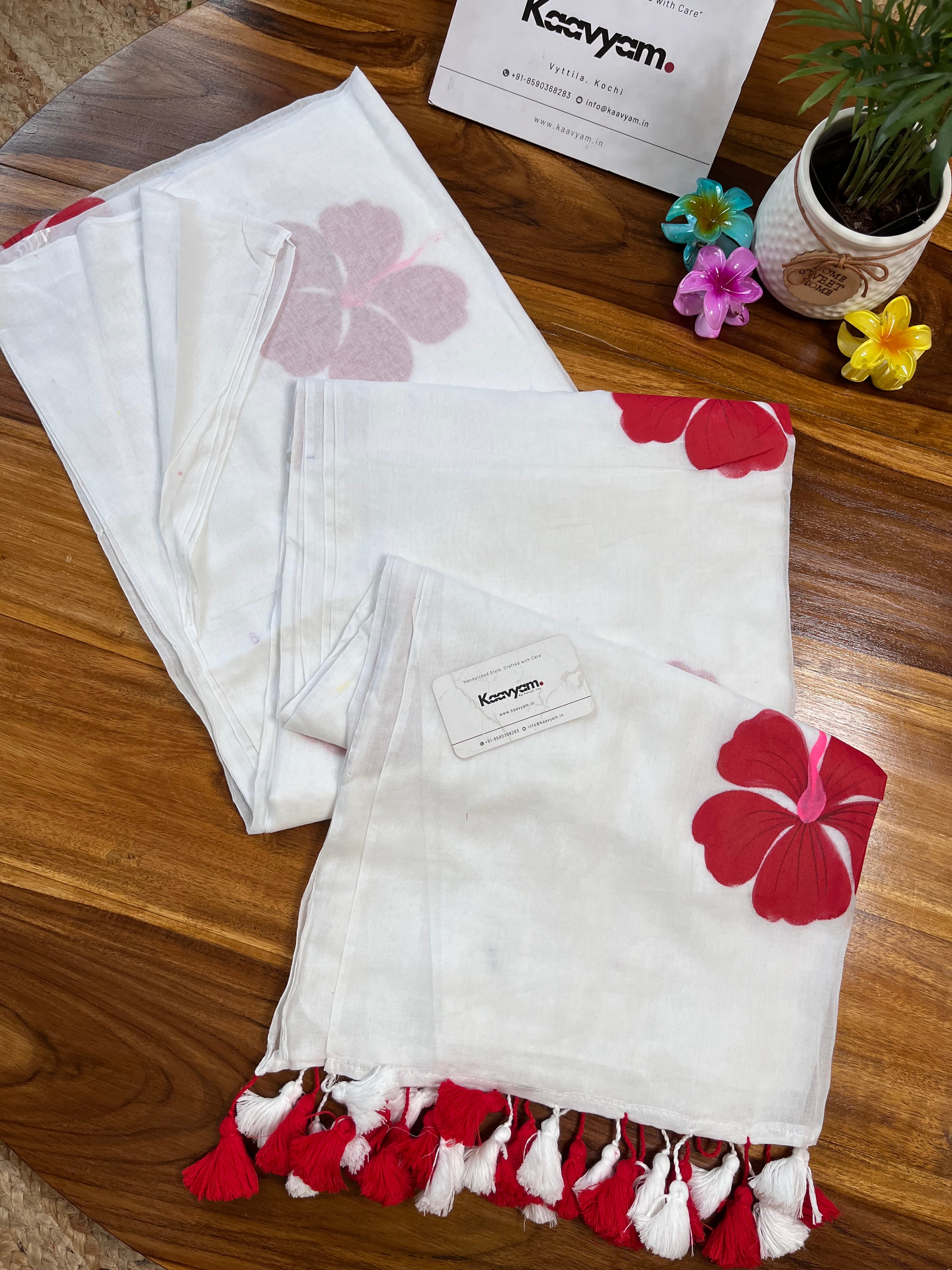 Red Hibiscus Handpainted Mul Cotton Saree