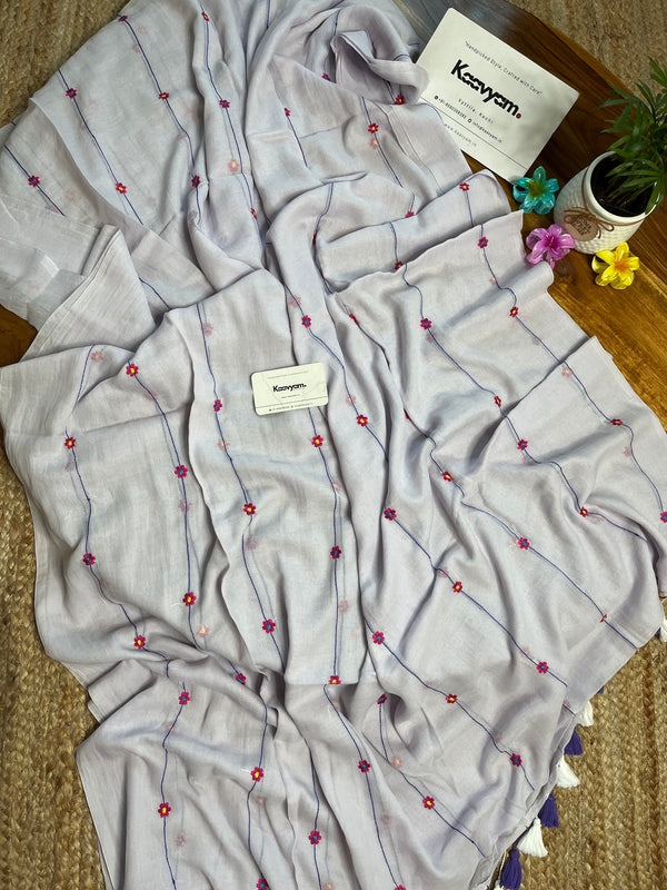Floral Chain Embroidery Mul Cotton Saree