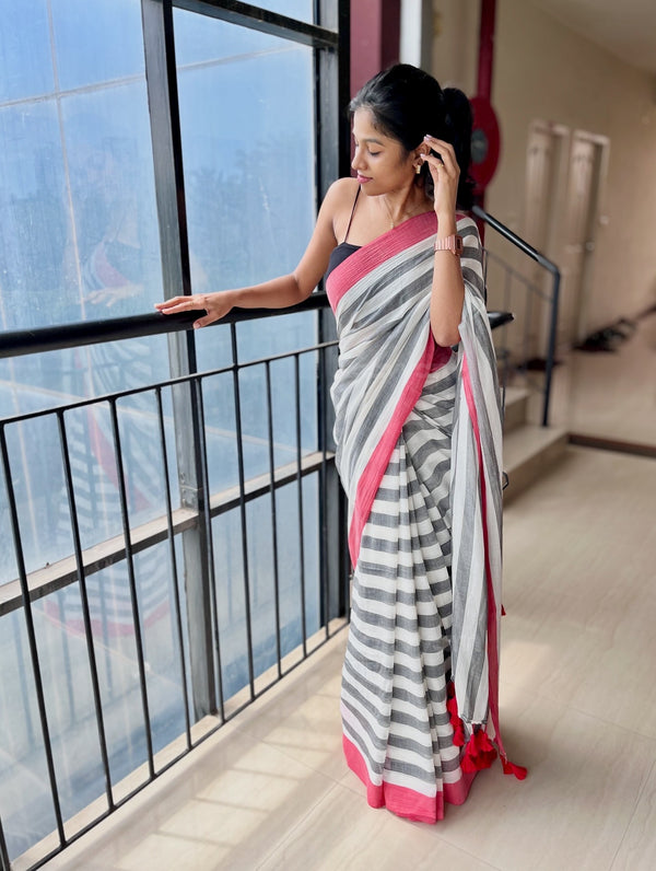 Black & White Stripes Mul Cotton Saree