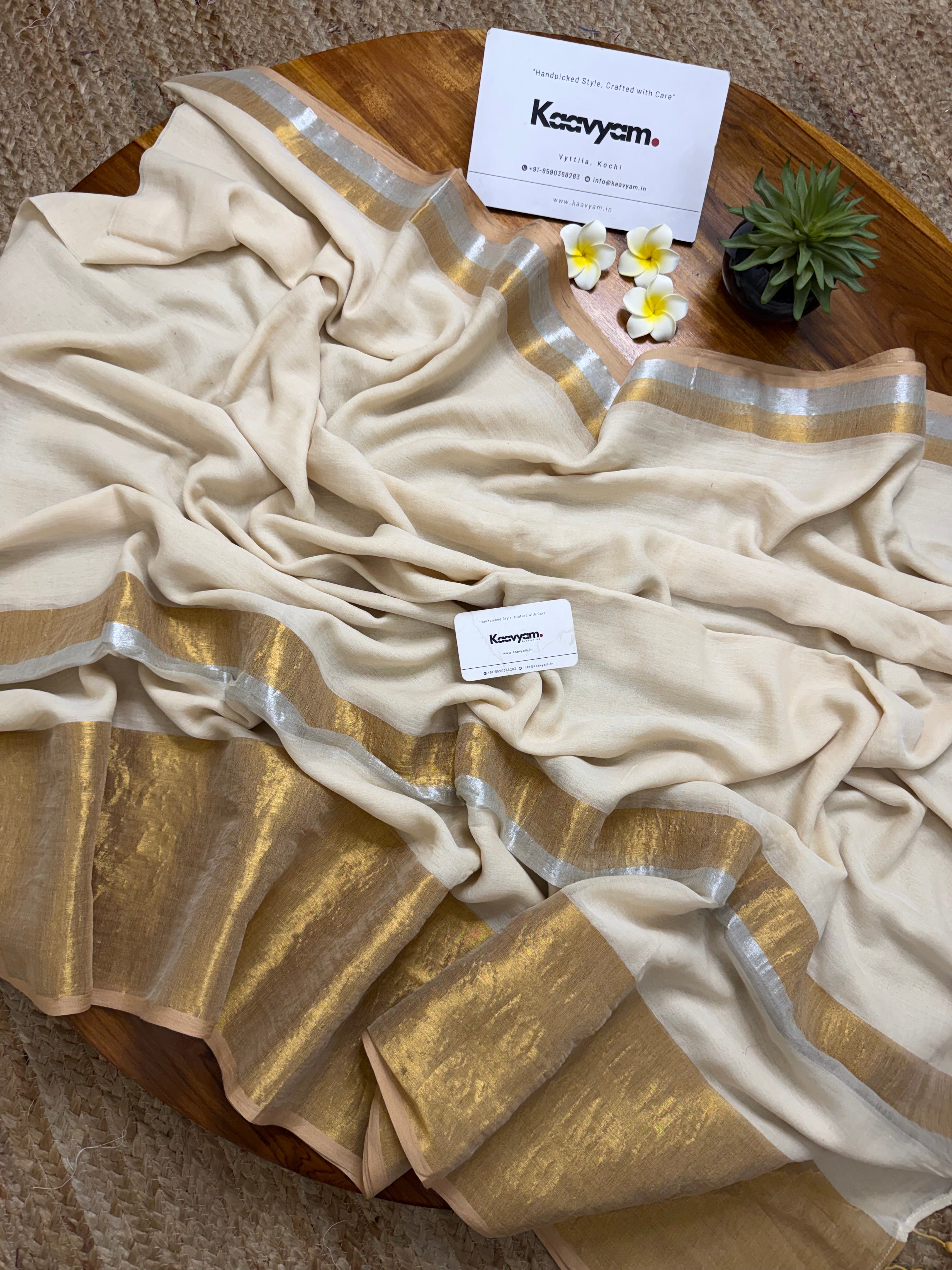 Broad Gold & Silver Kasav Border Mul Cotton Saree