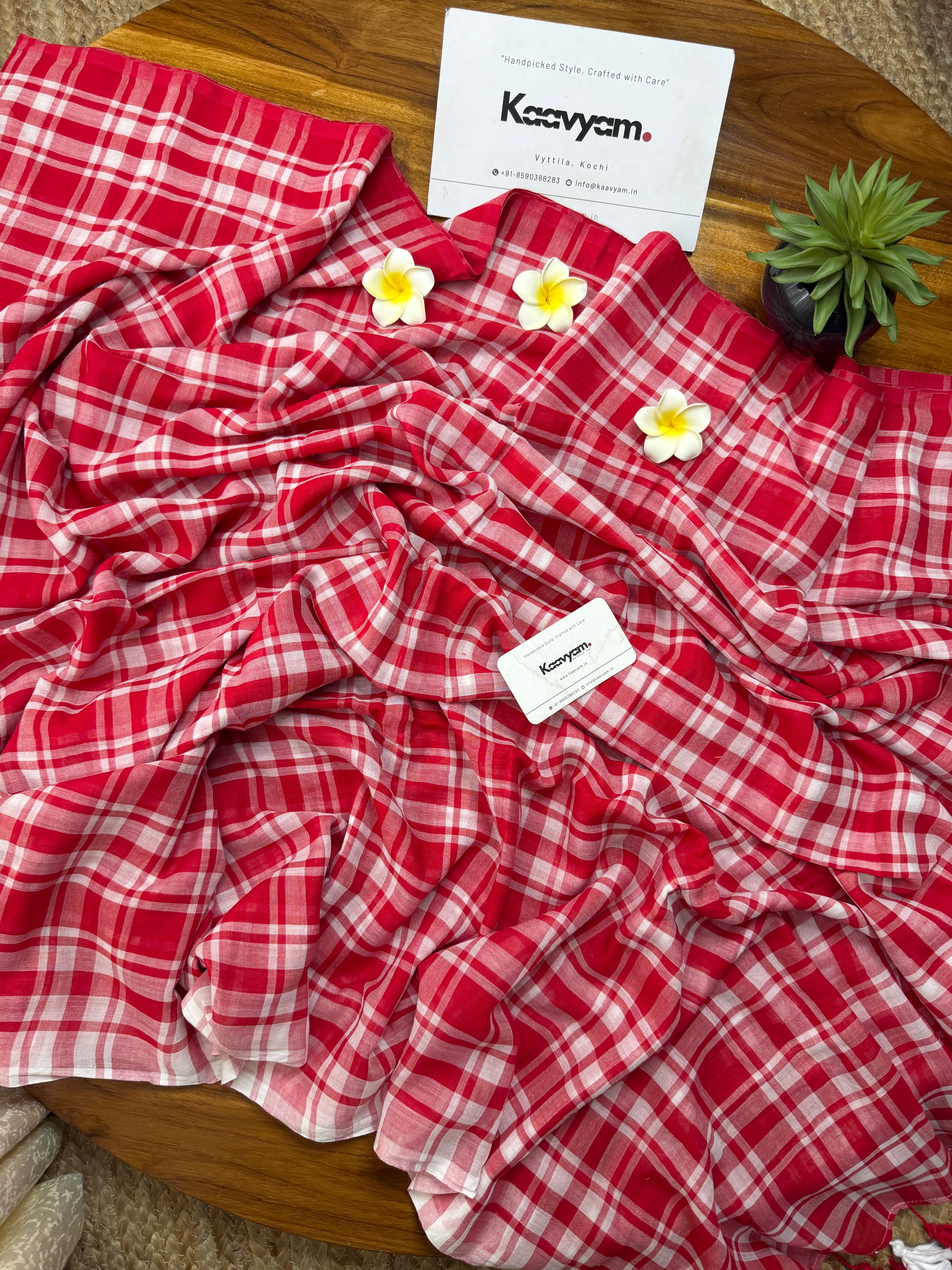 Plaid Red Mul Cotton Saree