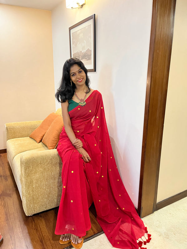 Red Sequins Mul Cotton Saree