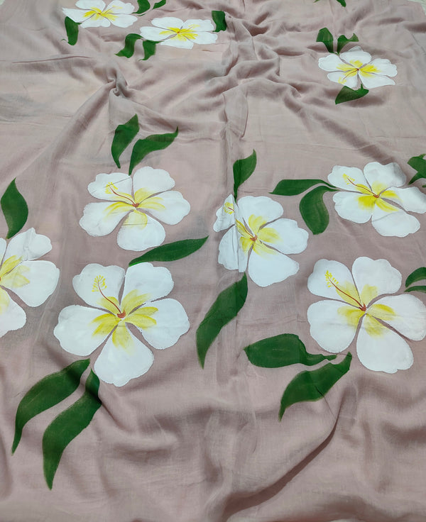 Hibiscus & Leaf Hand Pianted Mul Cotton Saree