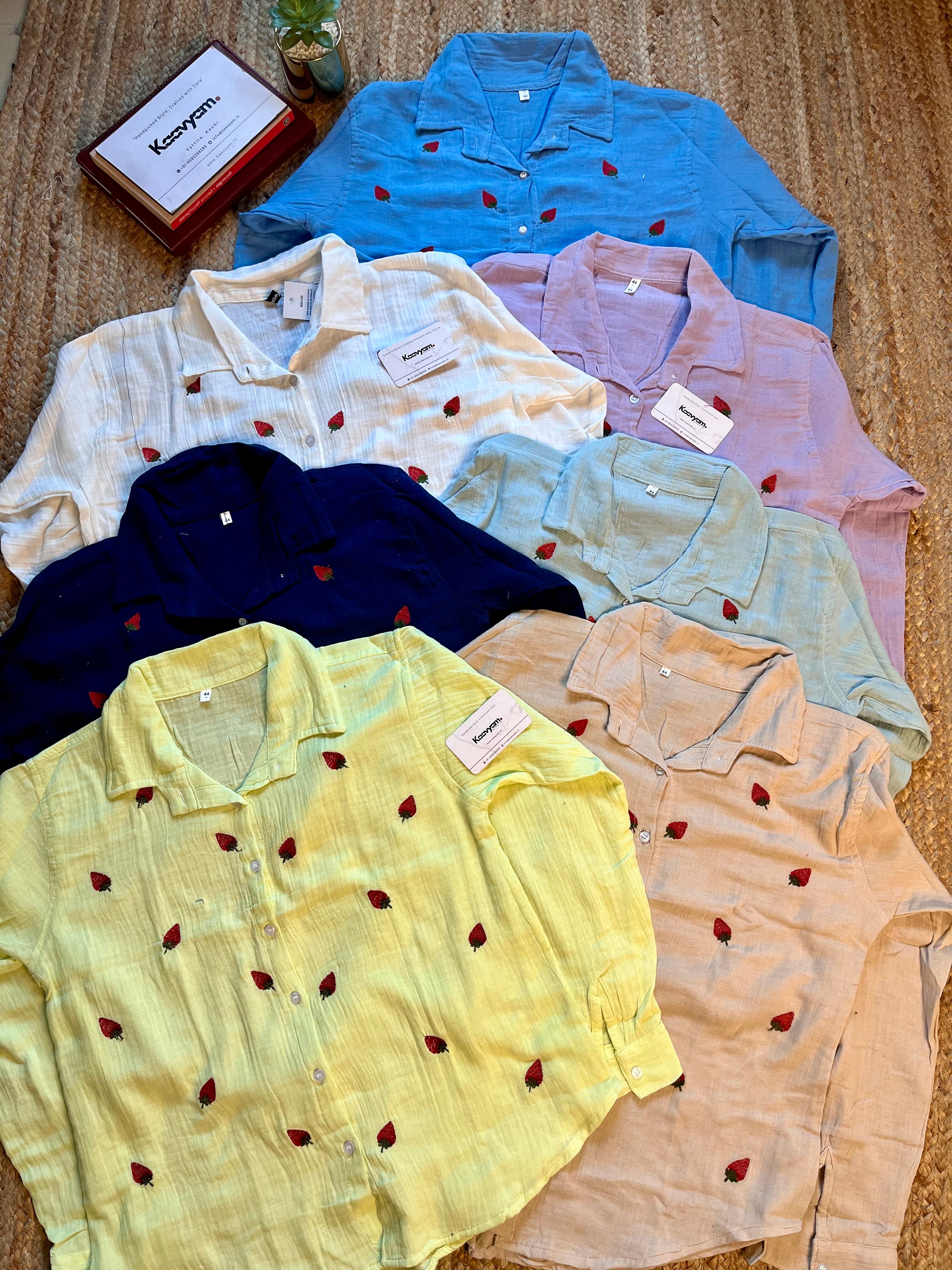 Strawberry Embroidery Mul Cotton Shirt