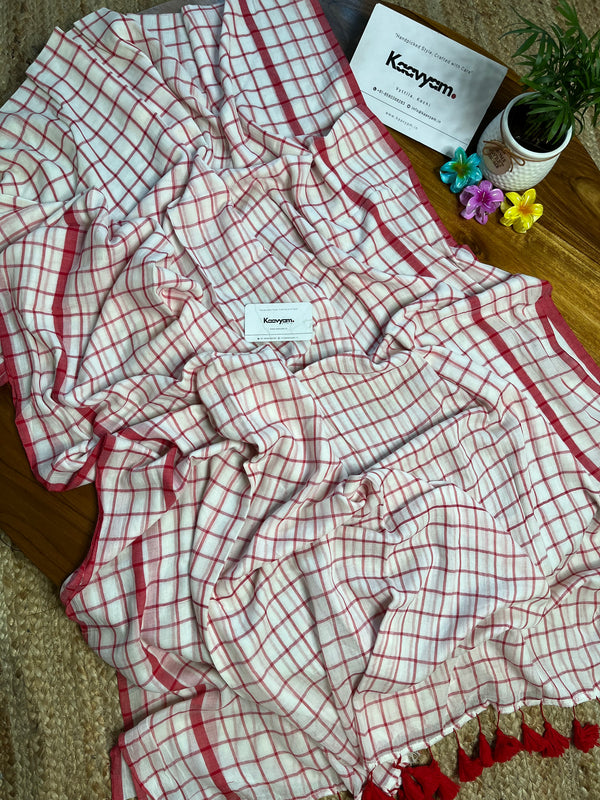 White & Red Check Mul Cotton Saree