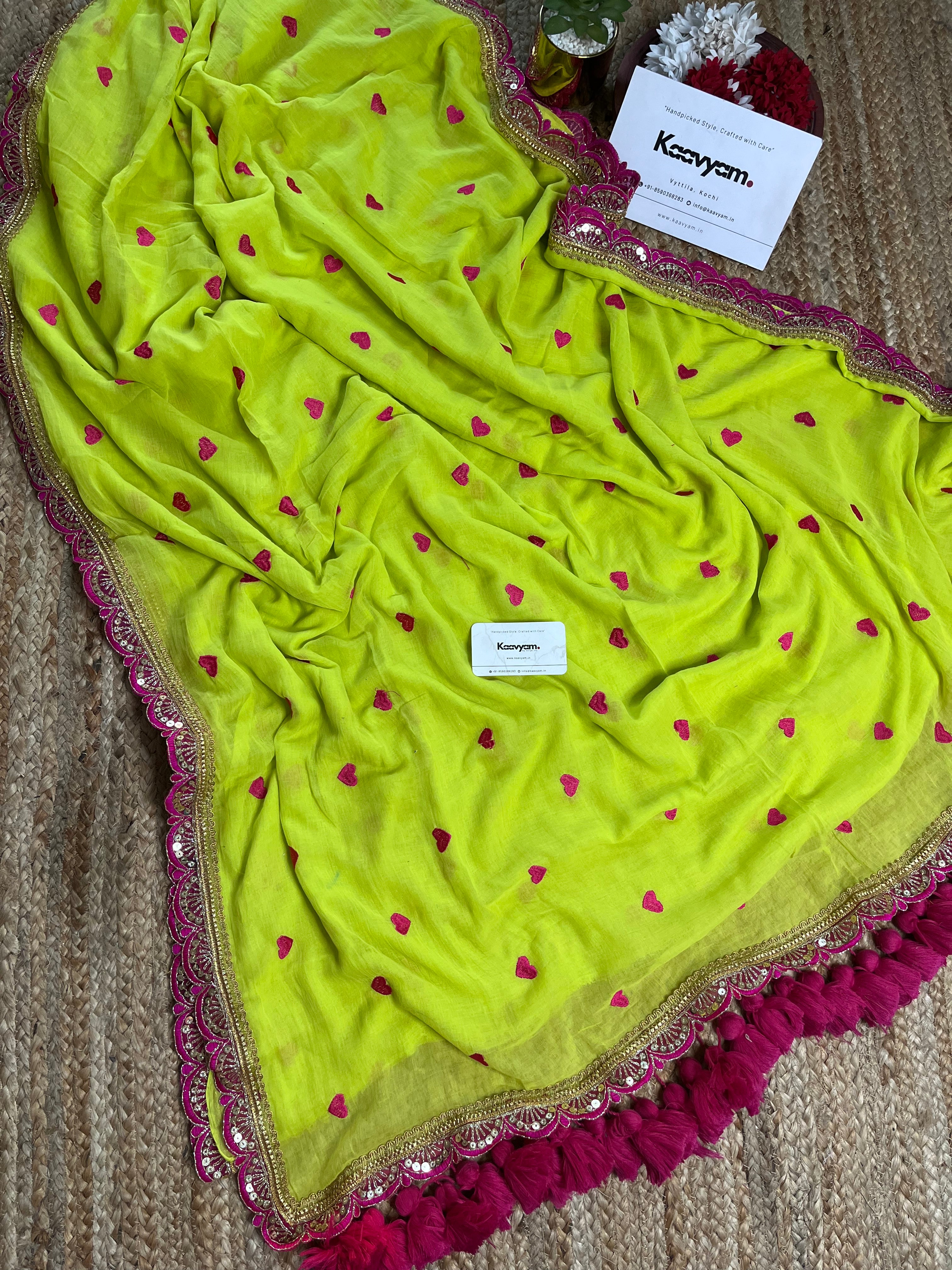 Heart Embroidery Lace Mul Cotton Saree