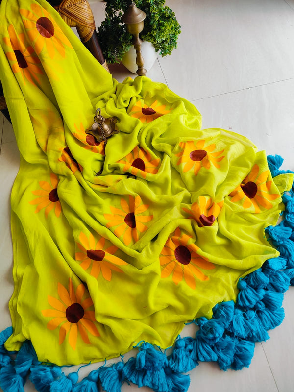 Sunflower Hand painted Mul cotton Saree