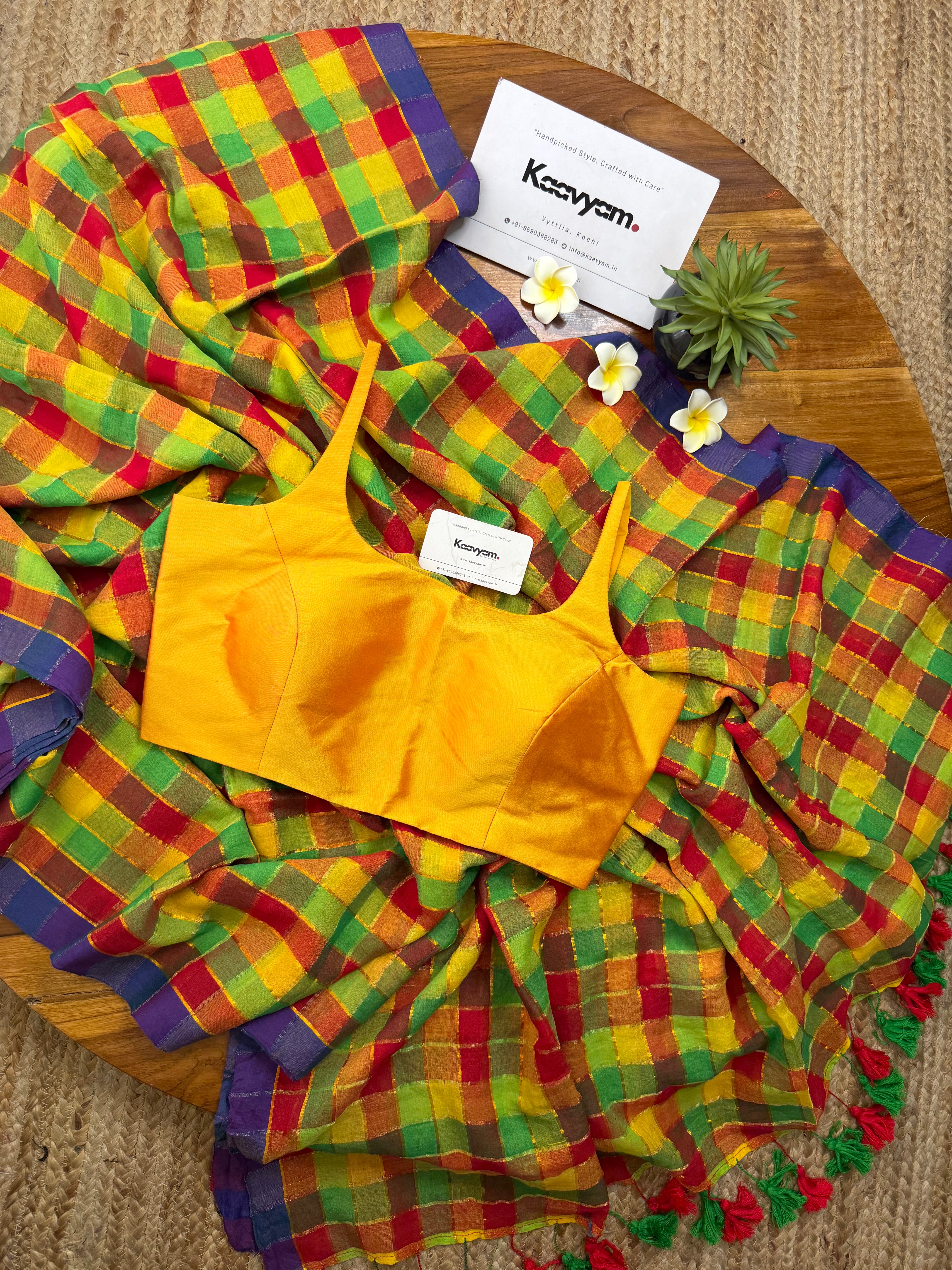 Multi Golden Check Mul Cotton Saree