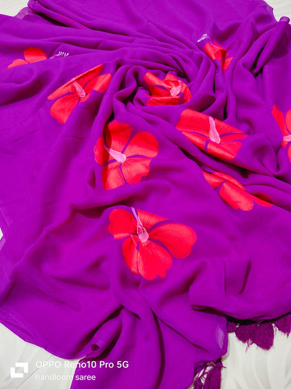 Hibiscus Hand painted Mul cotton Saree