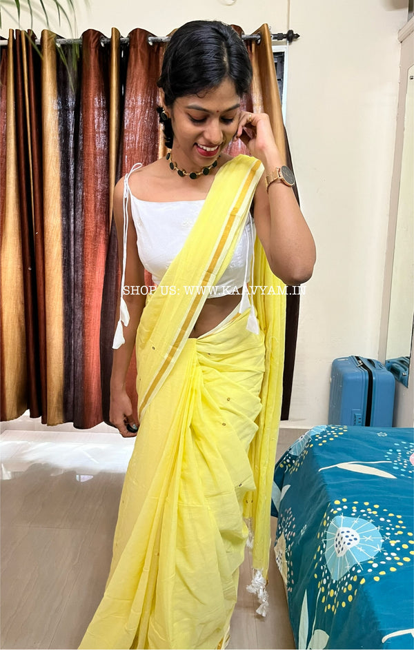 Goldy - Sequins Limeyellow Mul Cotton Saree