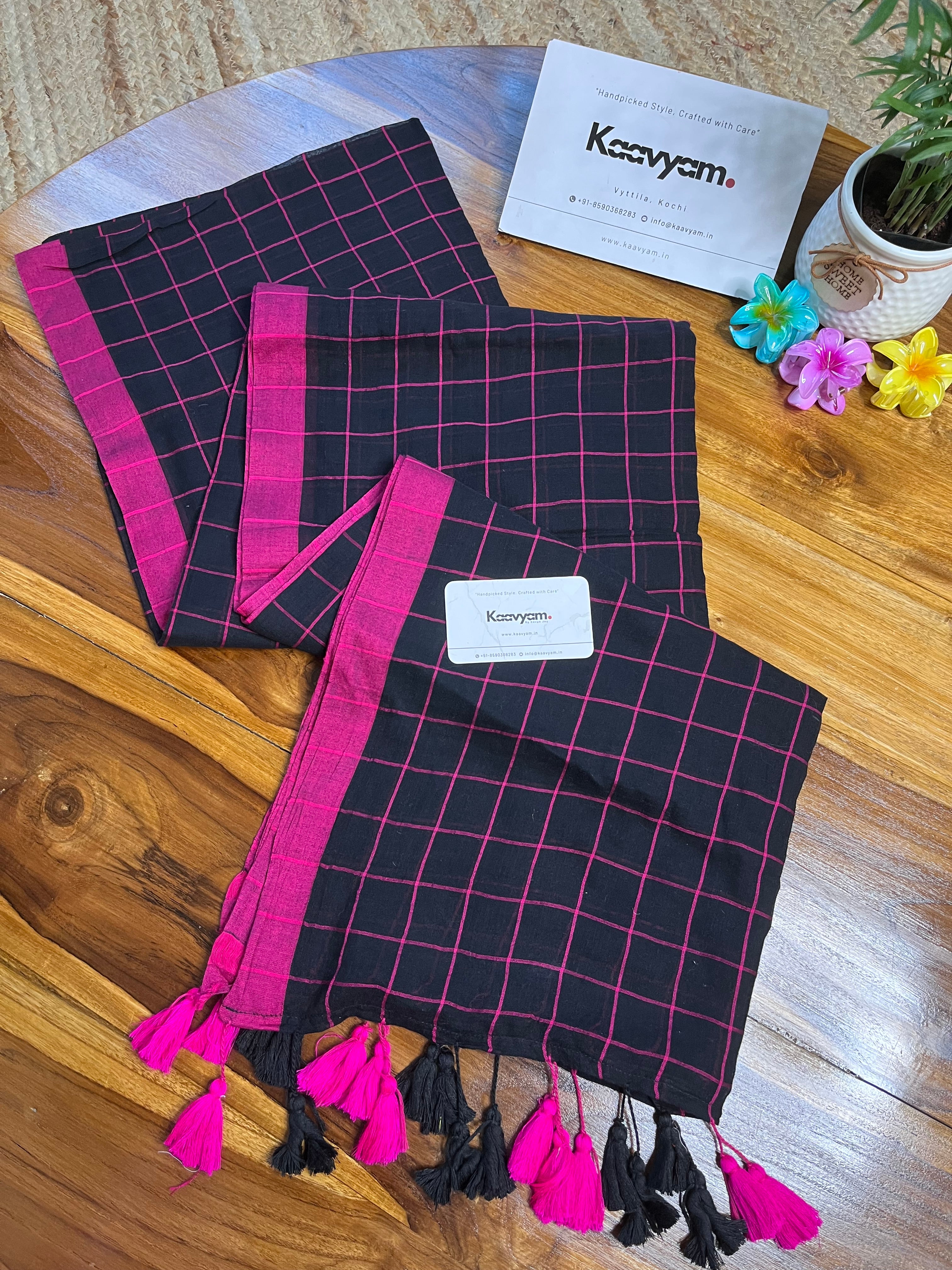 Black & Pink Check Mul Cotton Saree