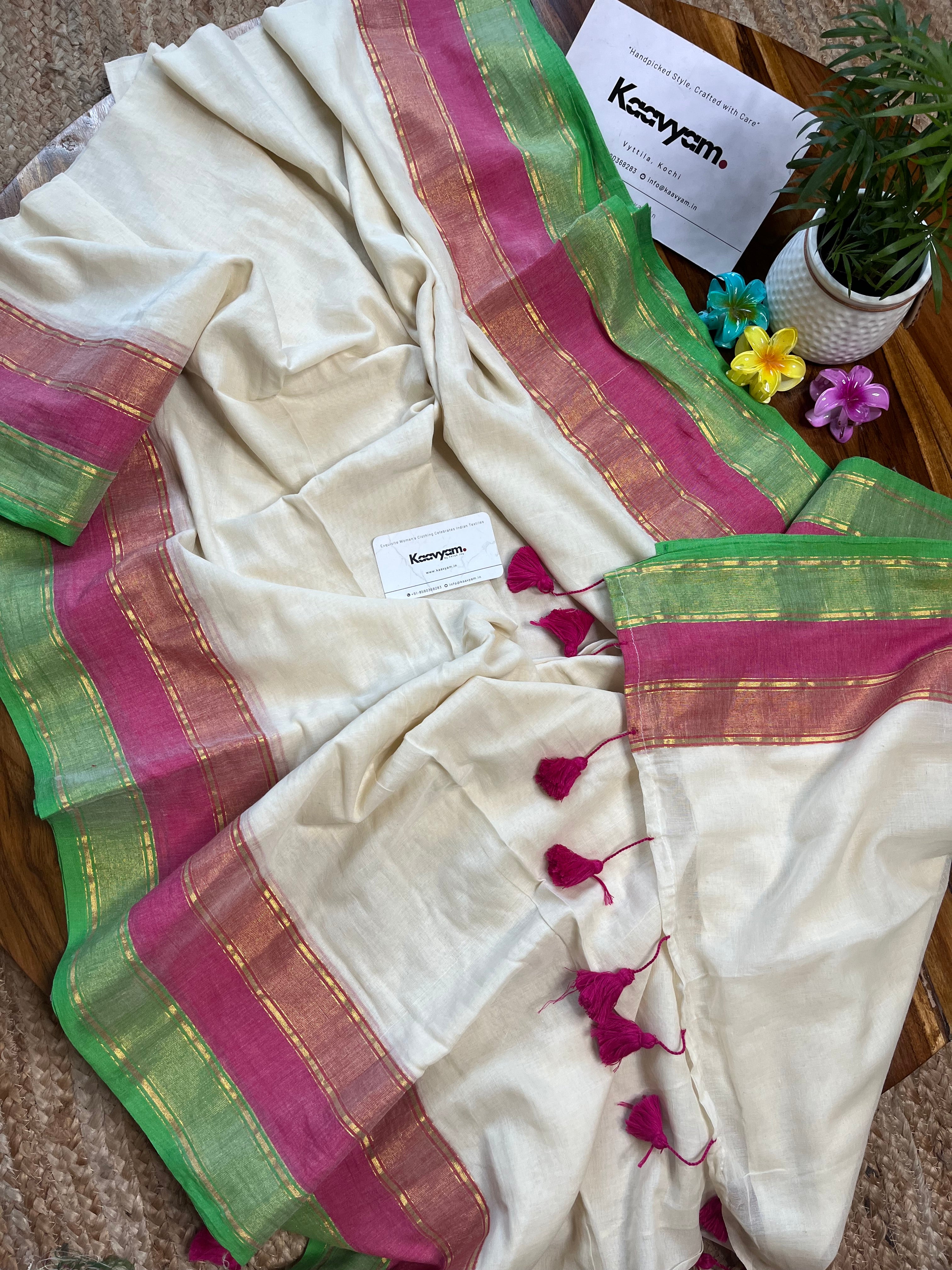 Tri Kasav Border Mul Cotton Saree - Manka