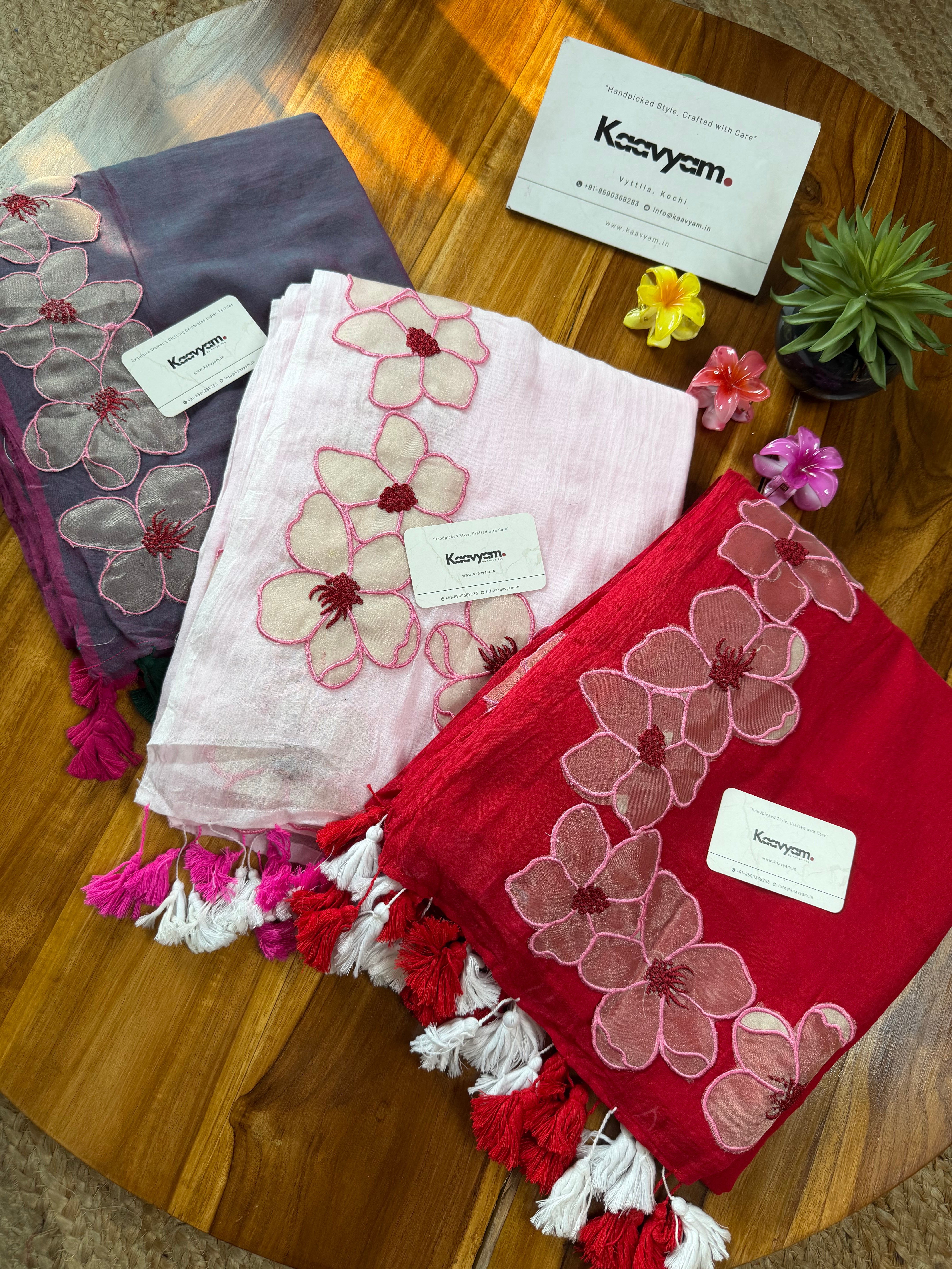 Rose Applique Mul Cotton Saree