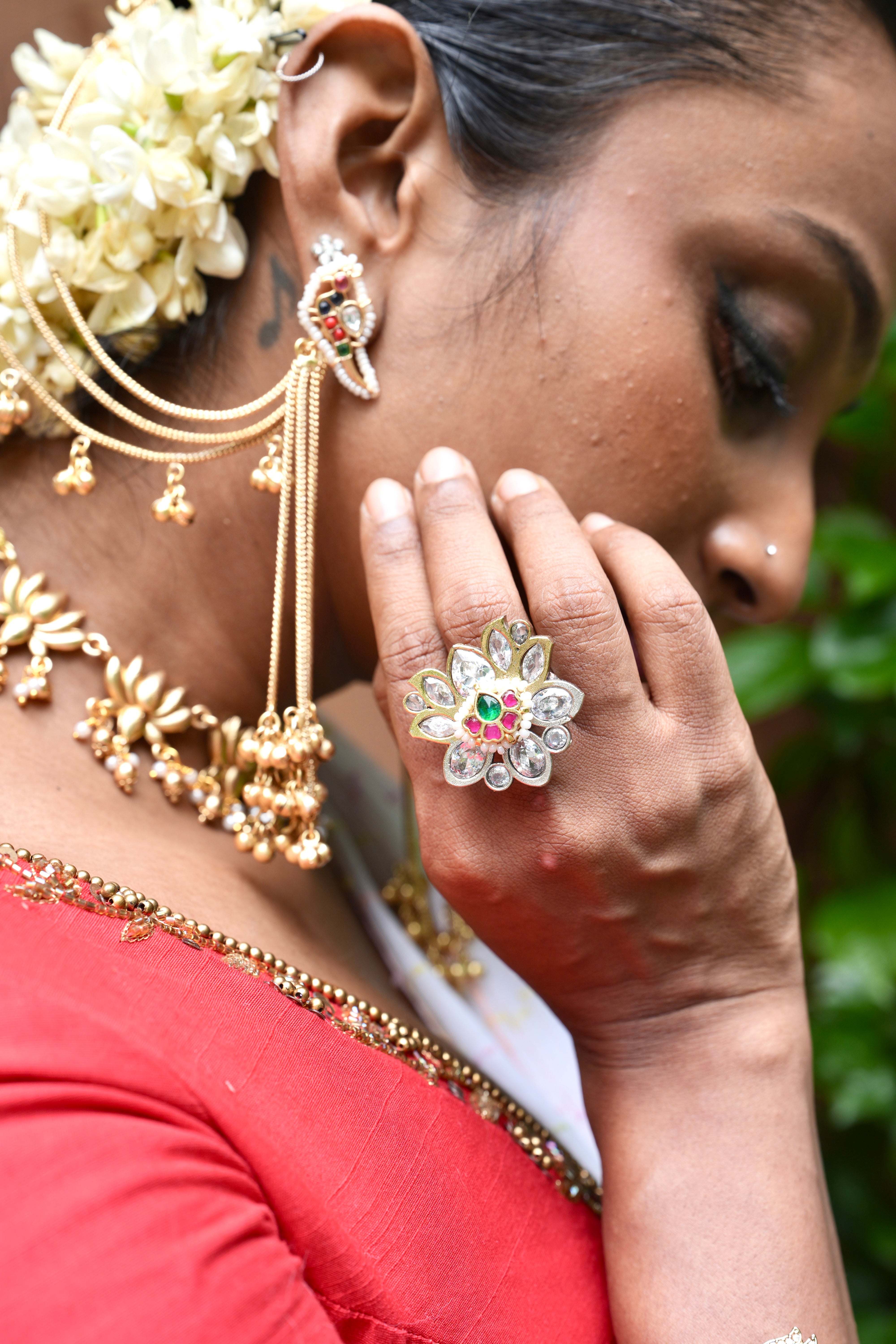 Lotus Adjustable Kundhan Ring