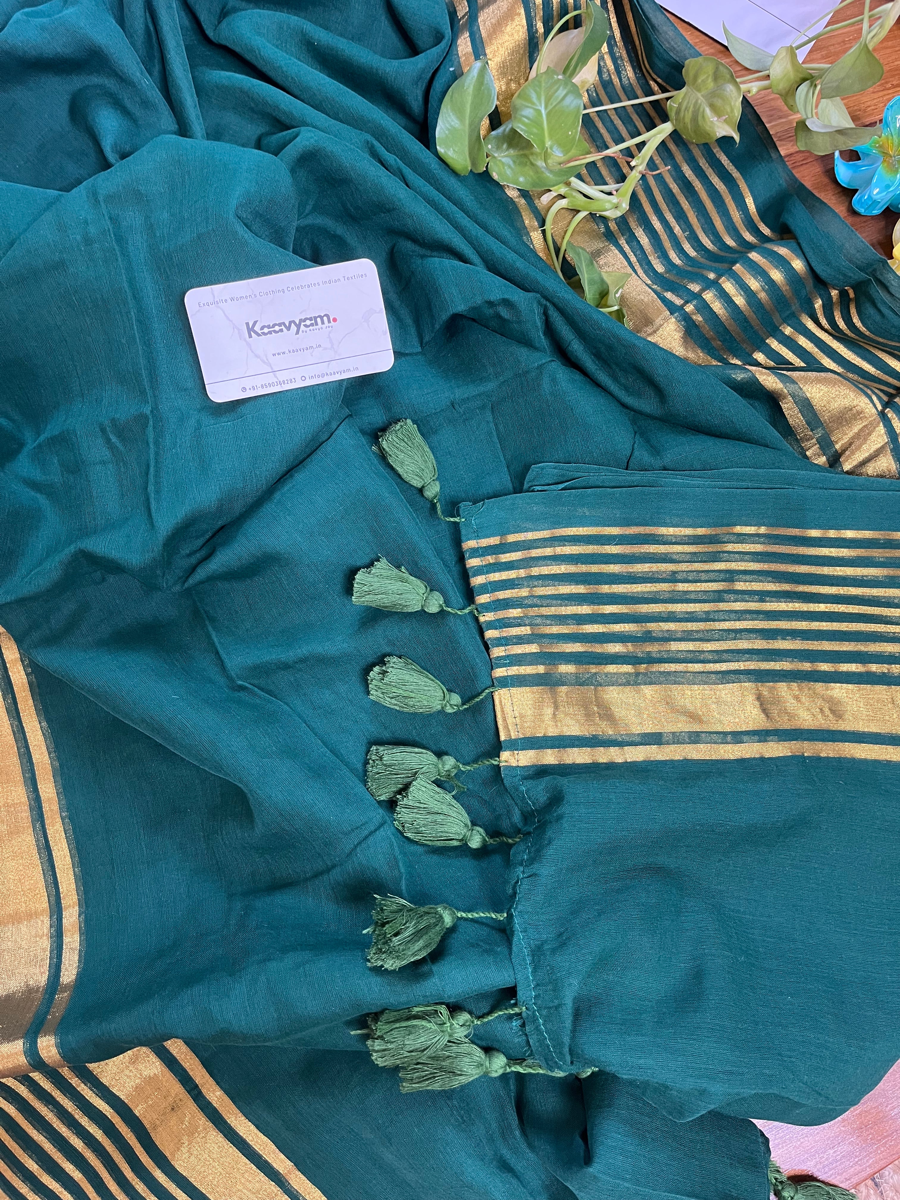 Kasav Stripes Green Mul Cotton Saree