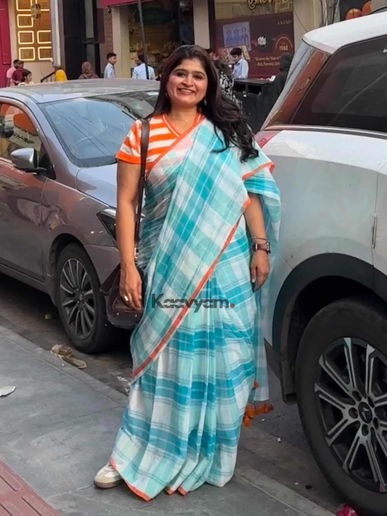 Cyan Grace Checks Mul Cotton Saree