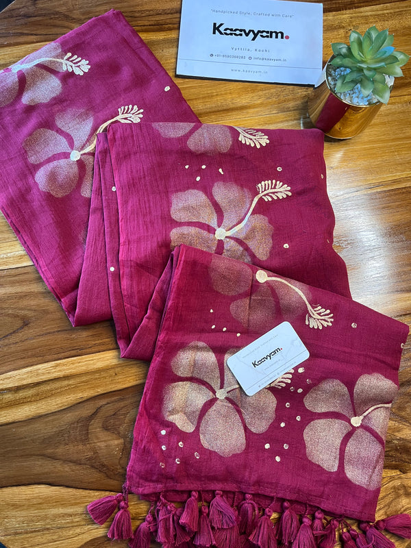 Gold Hibiscus Printed Mul Cotton Saree