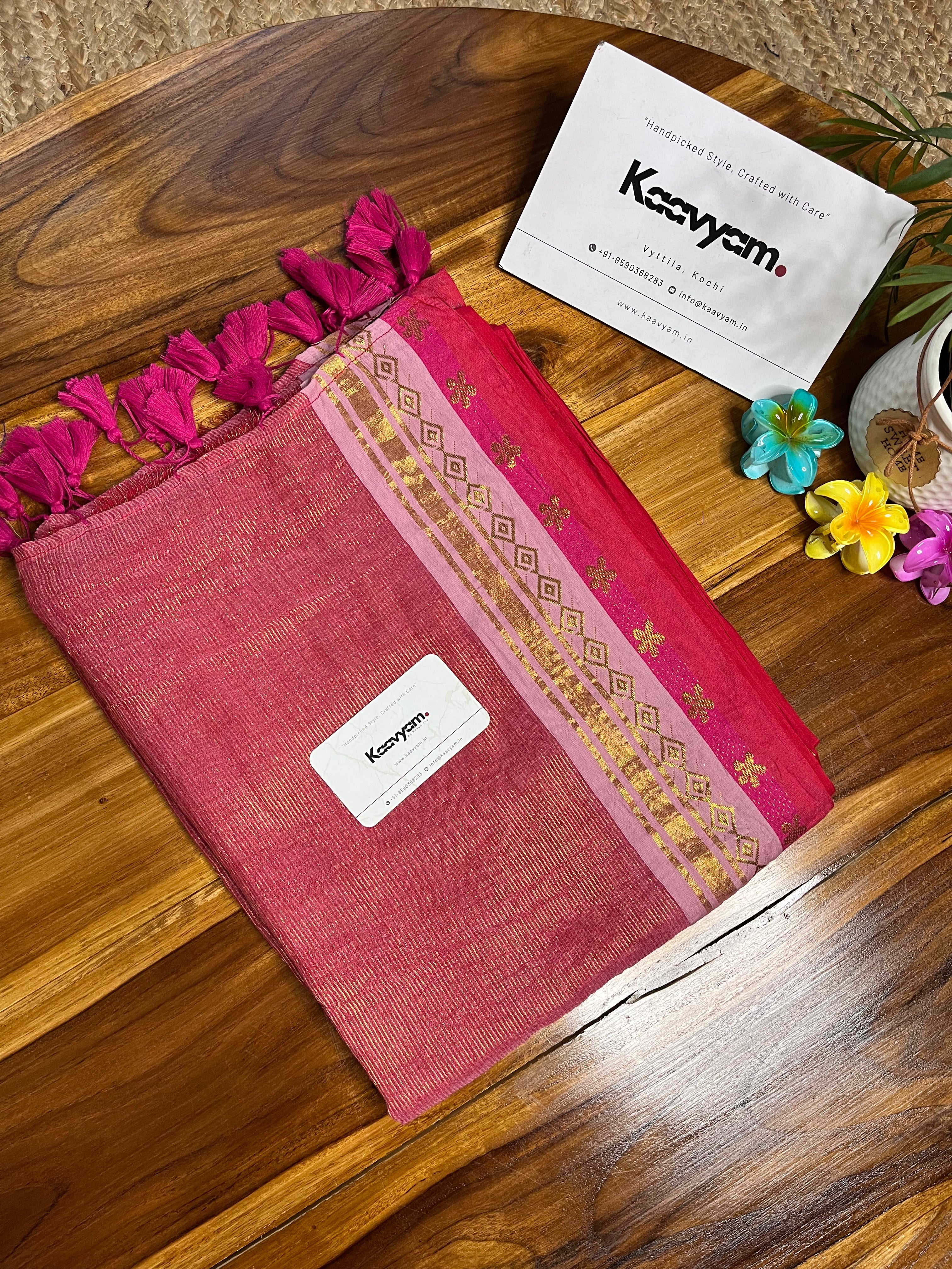 Pink & Kasav String Border Mul Cotton Saree