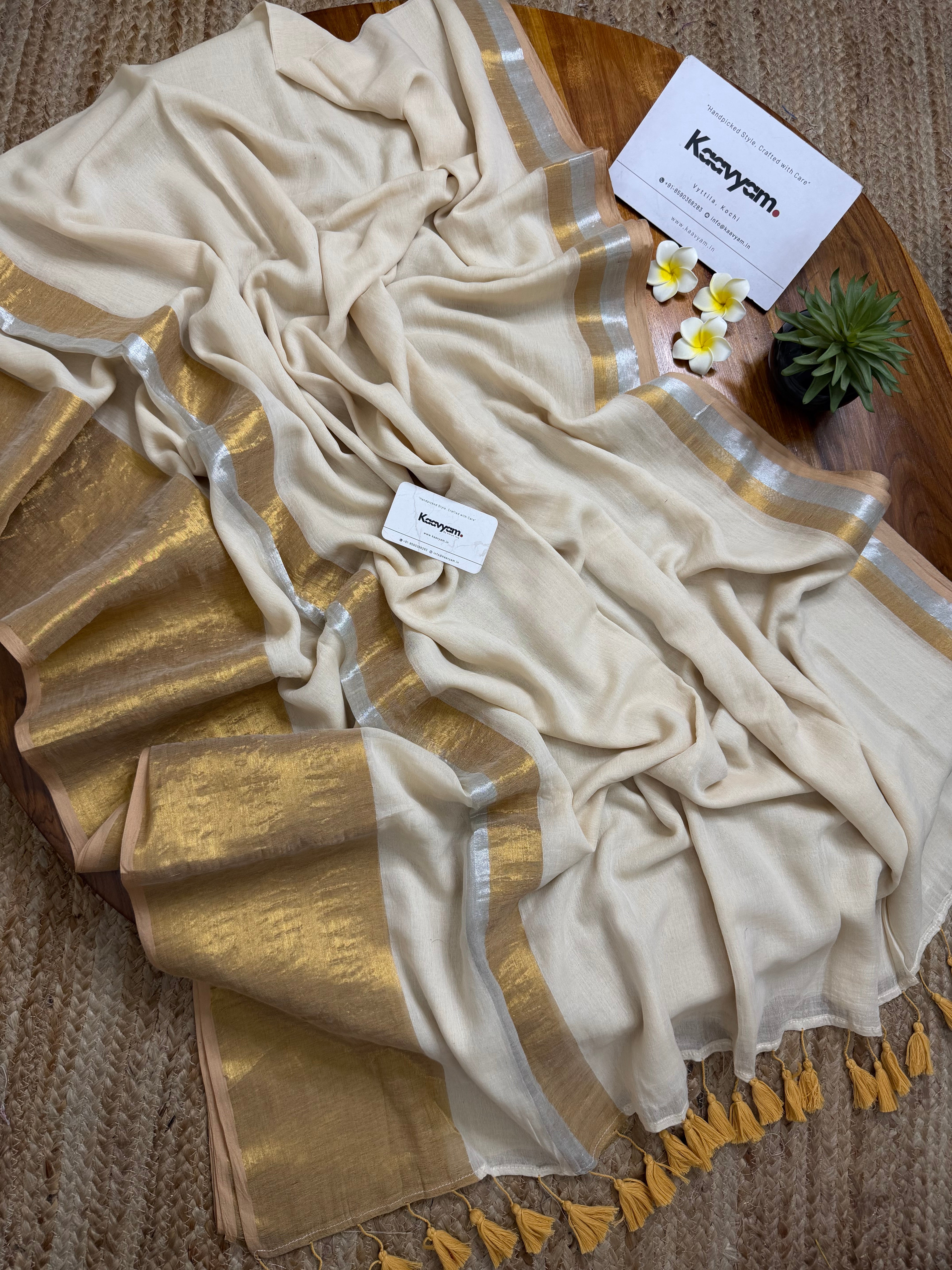 Broad Gold & Silver Kasav Border Mul Cotton Saree