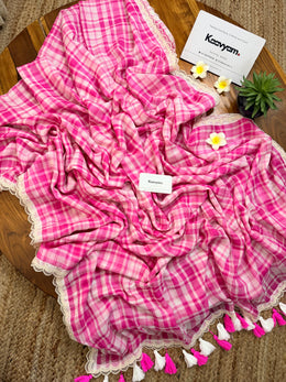 Plaid Pink Lace Saree