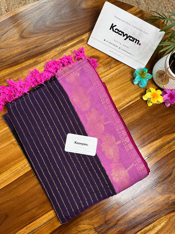 Stripe Mul Cotton Floral Motif Saree - Manka