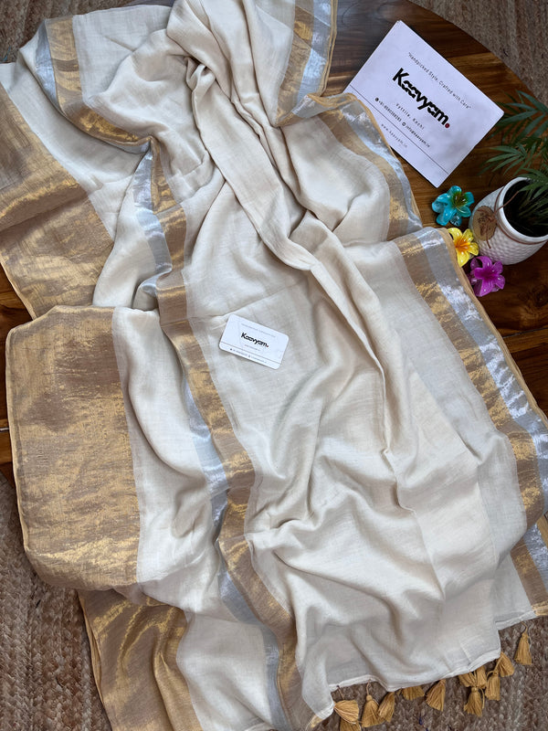 Broad Gold & Silver Kasav Border Mul Cotton Saree