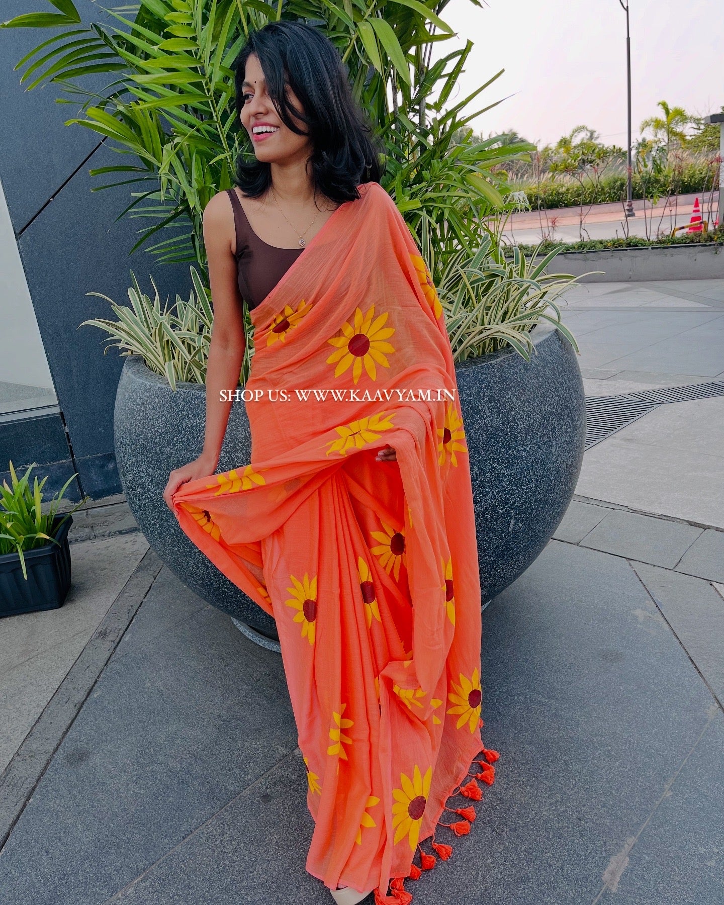 Sunflower Hand painted Mul cotton Saree