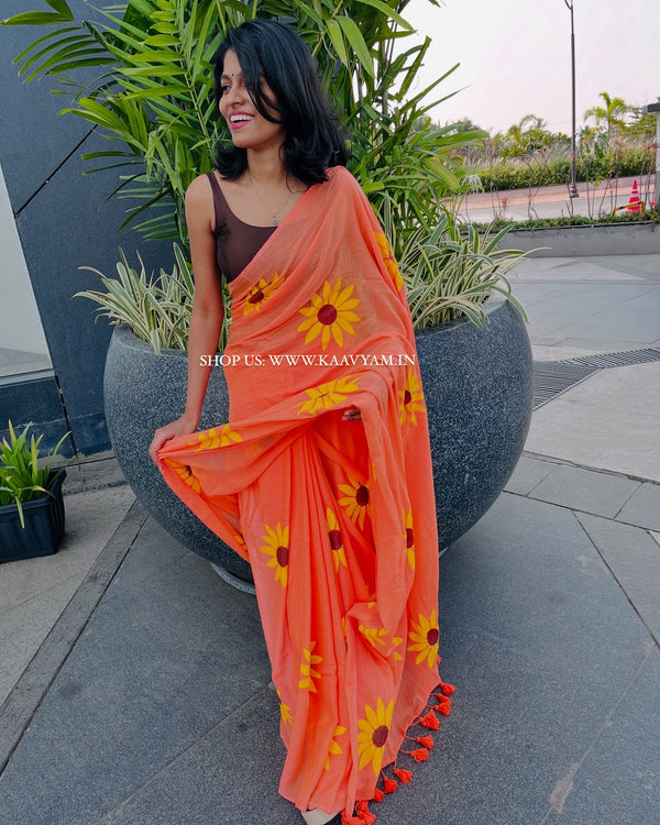 Sunflower Hand painted Mul cotton Saree