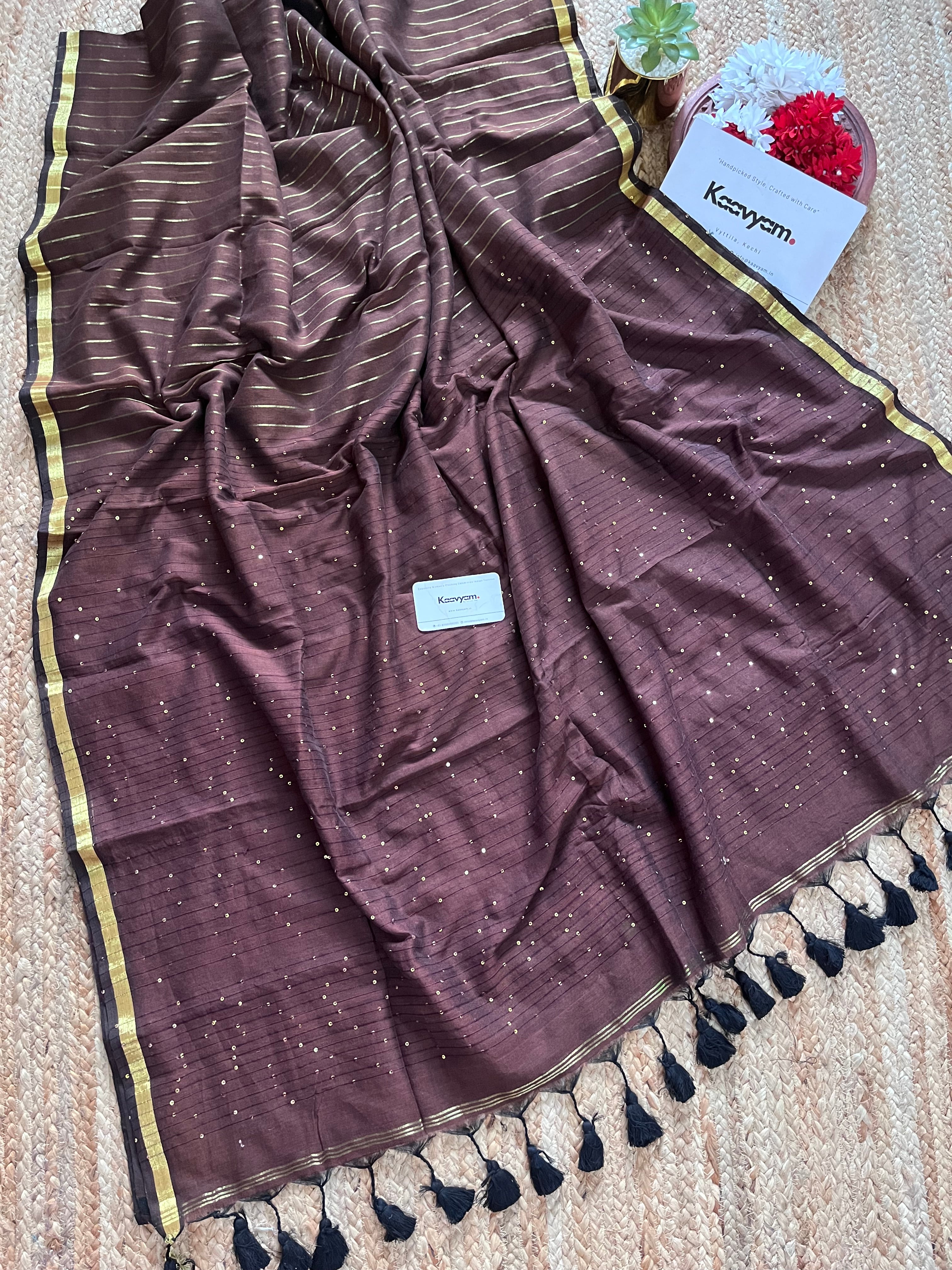 Stripes Mul Cotton Sequins Saree