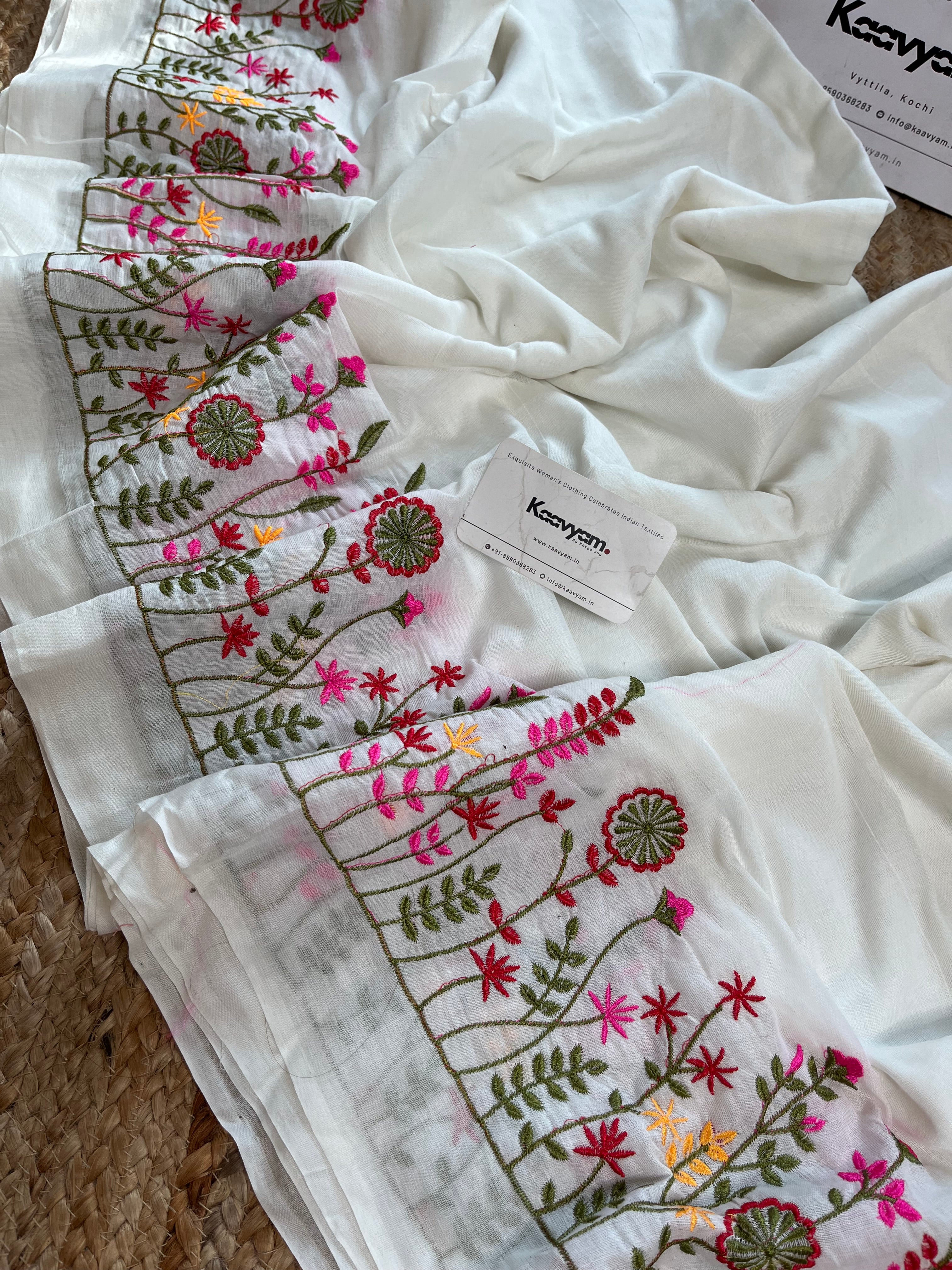 Floral Embroidery Cotton Saree