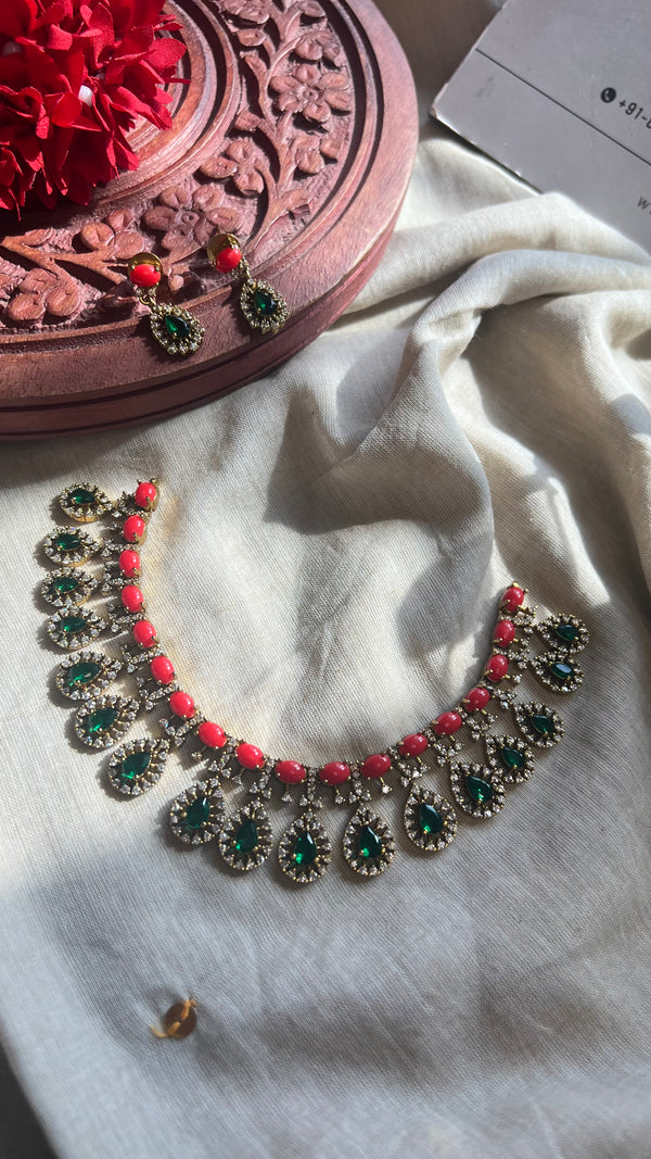 Red Coral And Emerald necklace