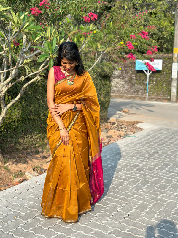 Yellow & Pink Maheswari Silk Contrast Saree