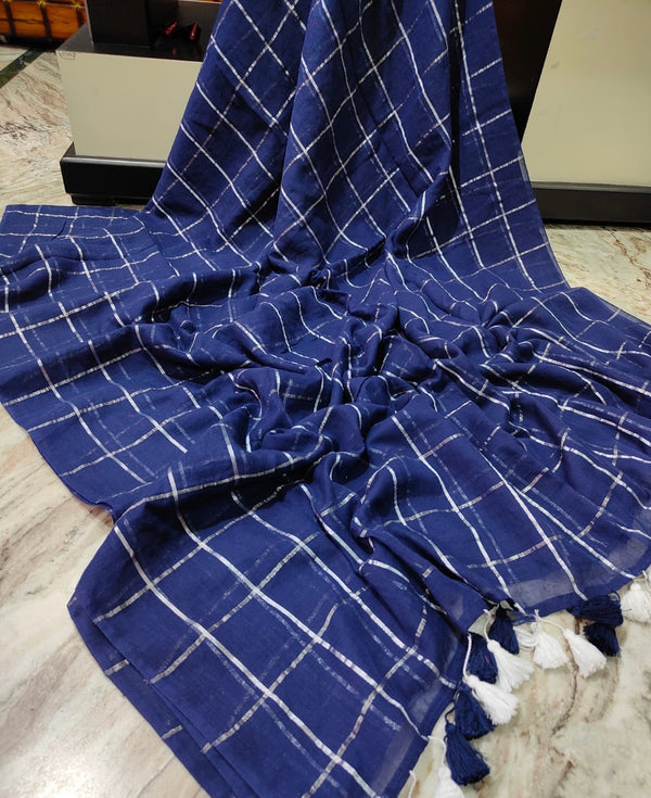 Mul Cotton Silver Check Saree