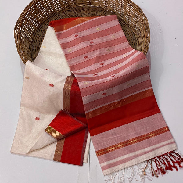 White & Red Handloom Saree