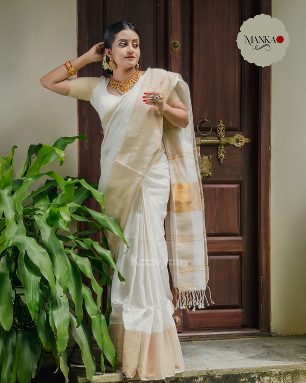 Broad Border Linen Saree - Manka