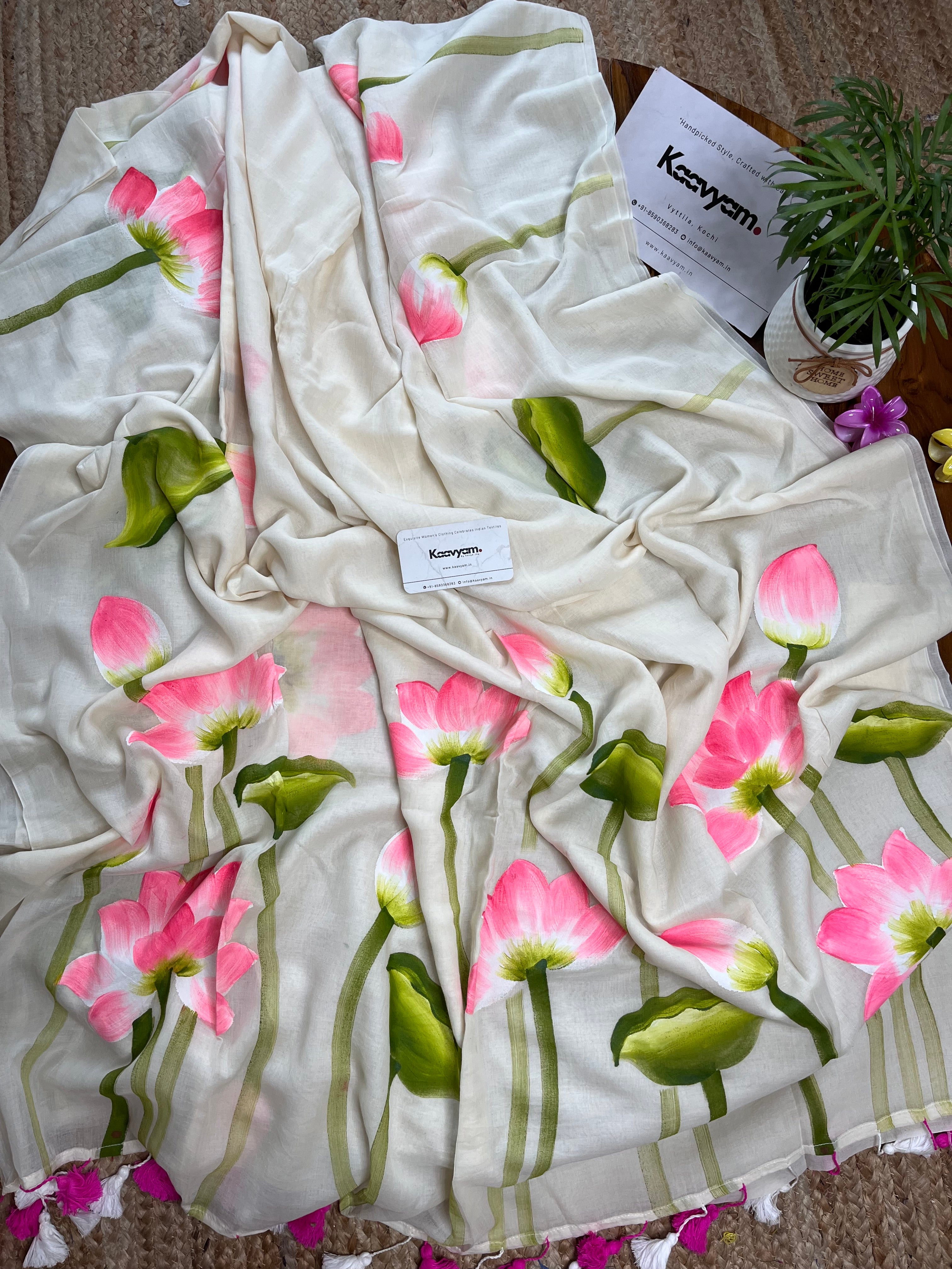 Thamarappoo Handpainted Mul Cotton Saree