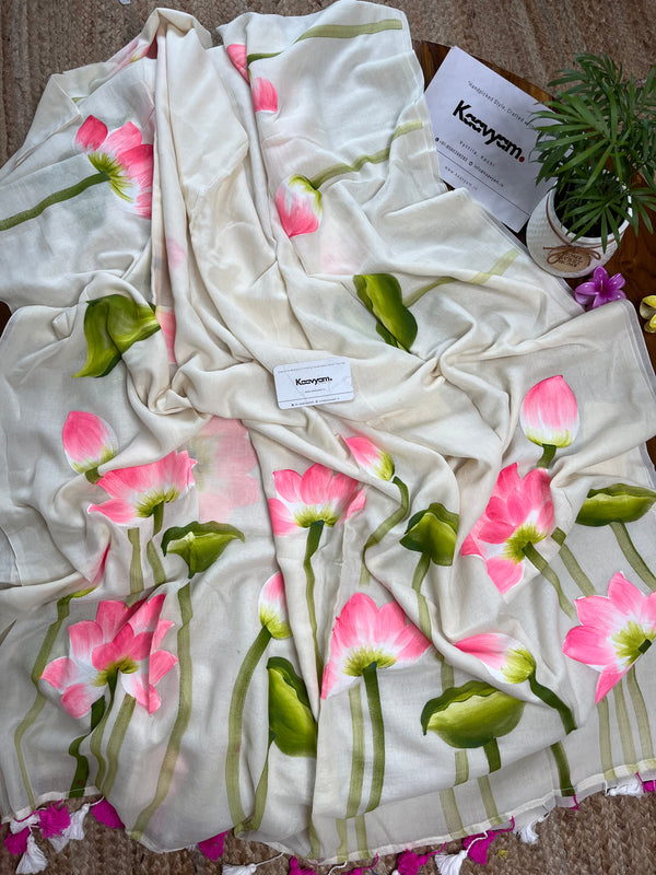 Thamarappoo Handpainted Mul Cotton Saree