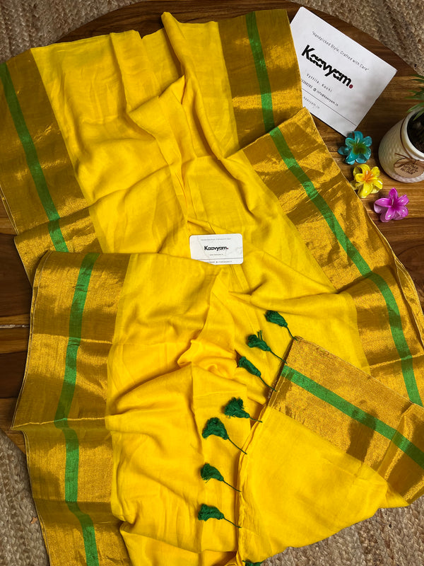 Yellow & Green Stripes Border Mul Cotton Saree