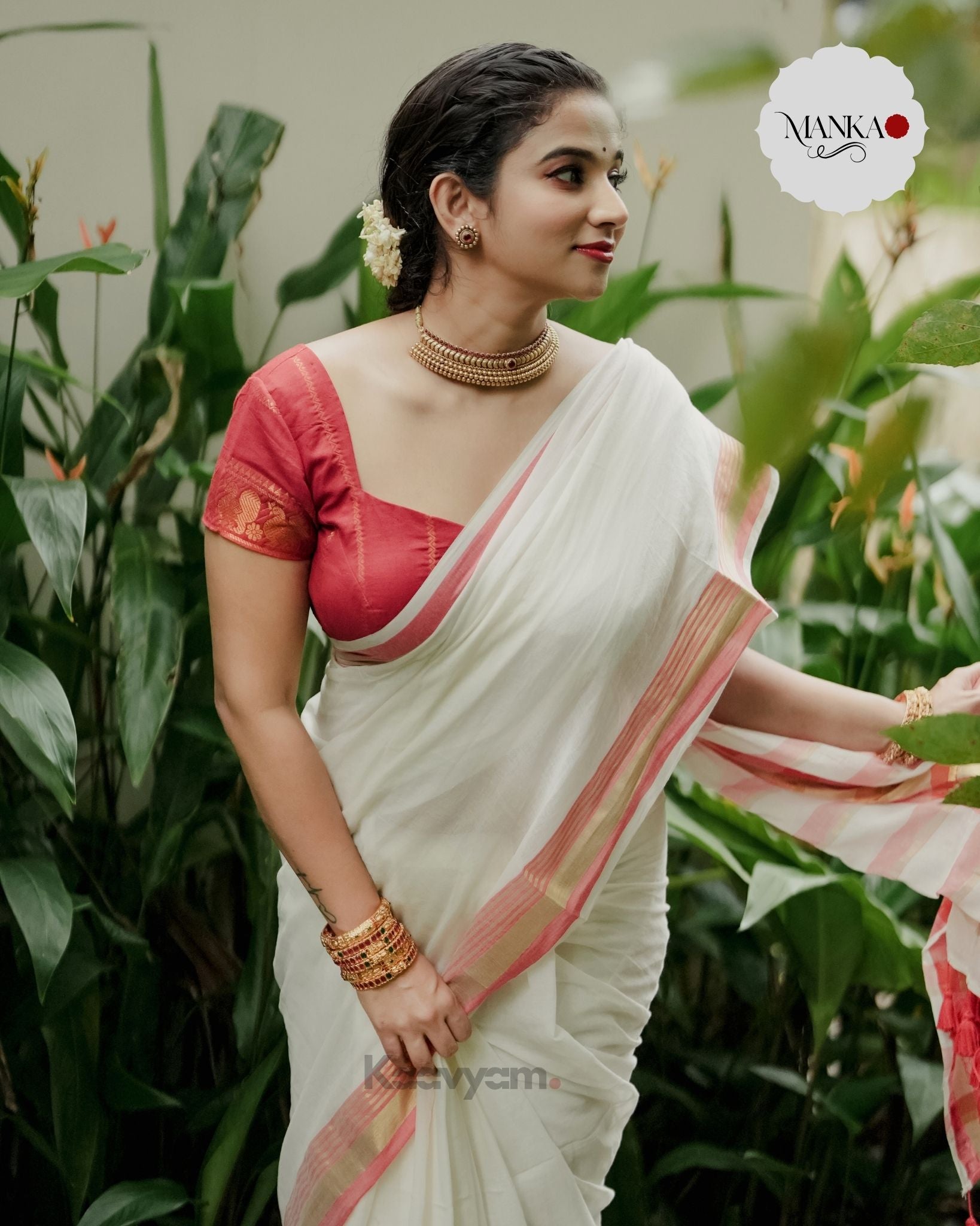 Red Kerala Kasav & Kara Mul Cotton Saree - MANKA