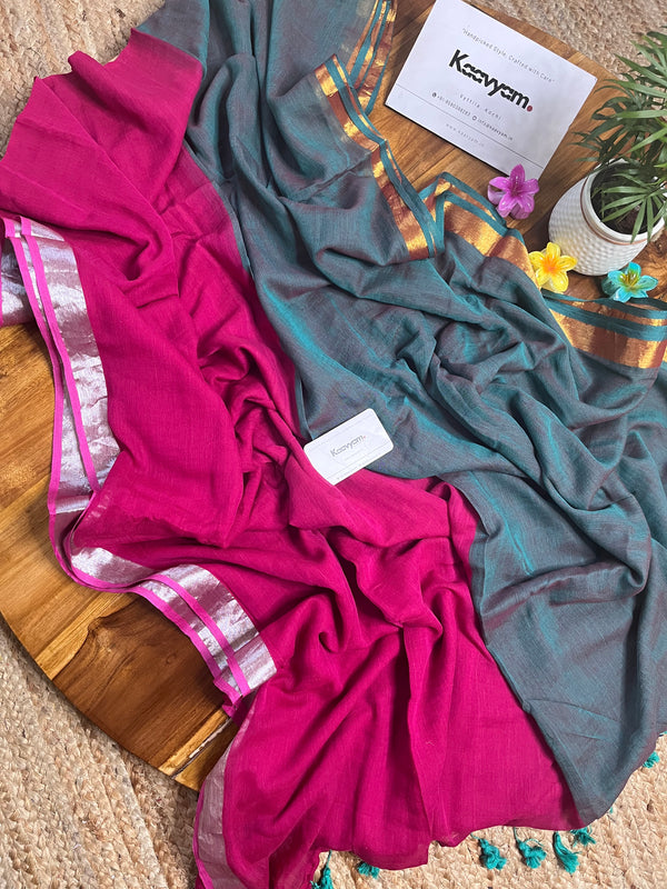 Pink & Green Half Half Mul Cotton Saree
