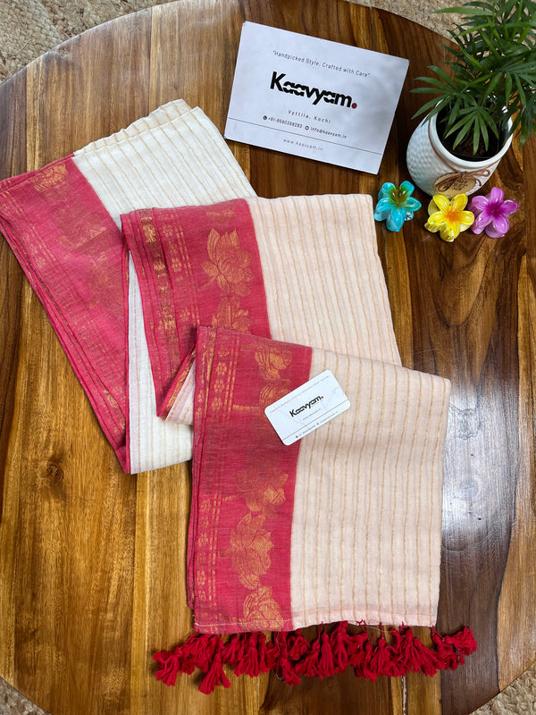 Stripe Mul Cotton Floral Motif Saree - Manka