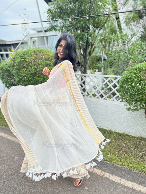 Kerala Kasav Stripe Border Mul Cotton Saree - MANKA