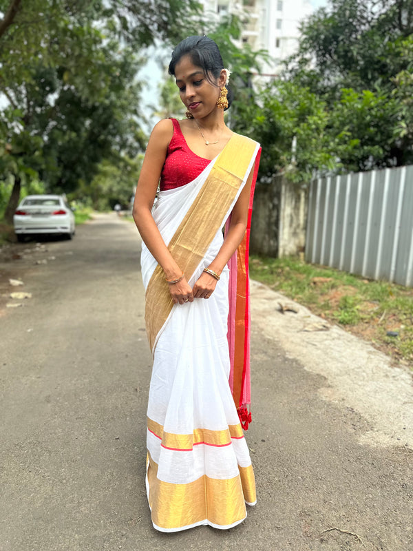 Red Kerala Kasav Mul Cotton Saree