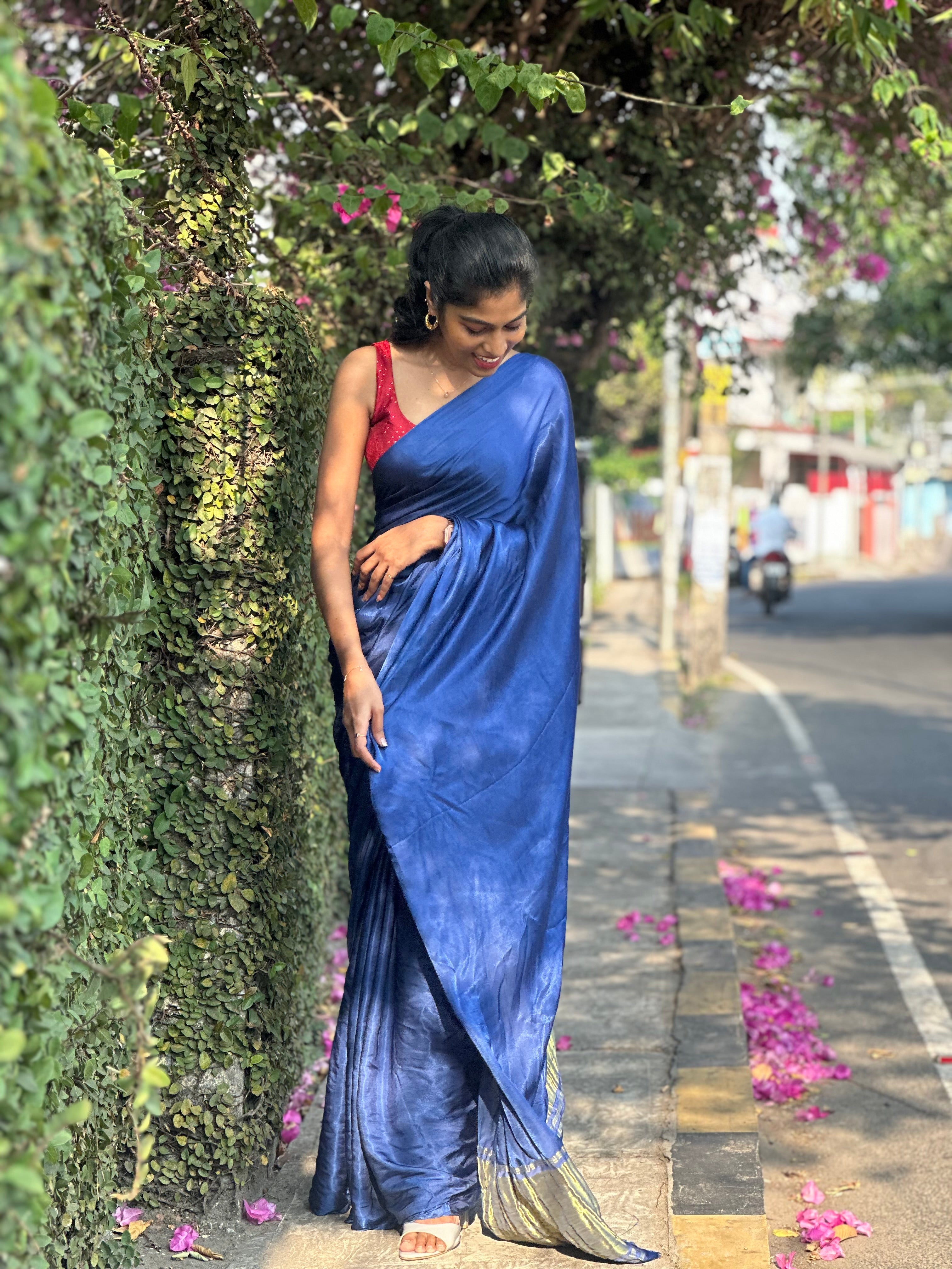 Blue Plain Modal silk Saree with Tissue Pallu