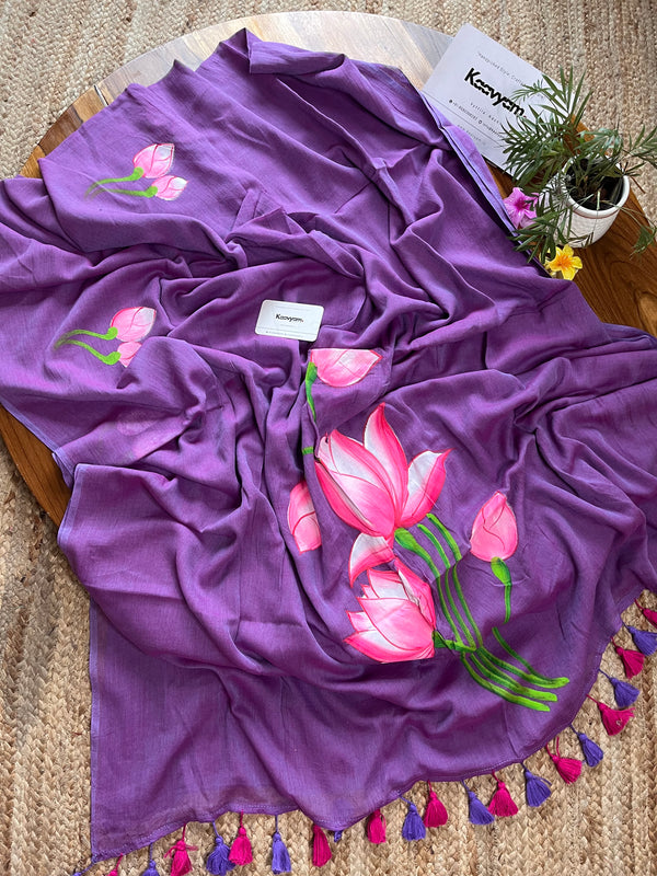 Lotus - Mul cotton Hand painted Saree