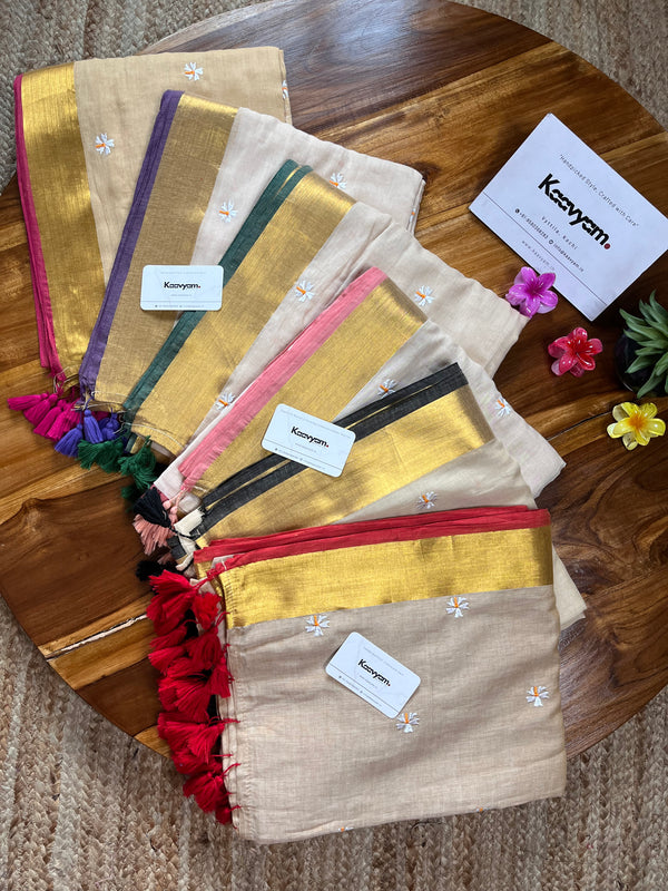 Kasav & Kara Mallippo Embroidery Mul cotton Saree