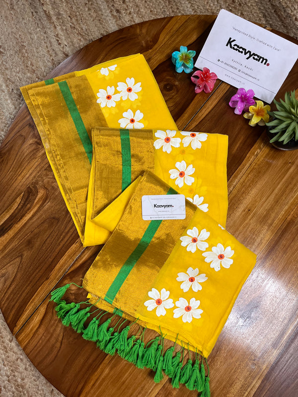 Yellow & Green Stripes Handpainted Mul Cotton Saree