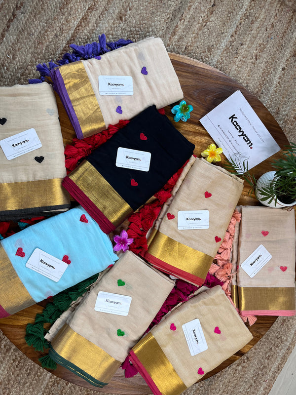 Kasav & Kara Heart Embroidery  Mul Cotton Saree