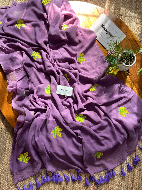 Maple Leaf Embroidery Mul Cotton Saree
